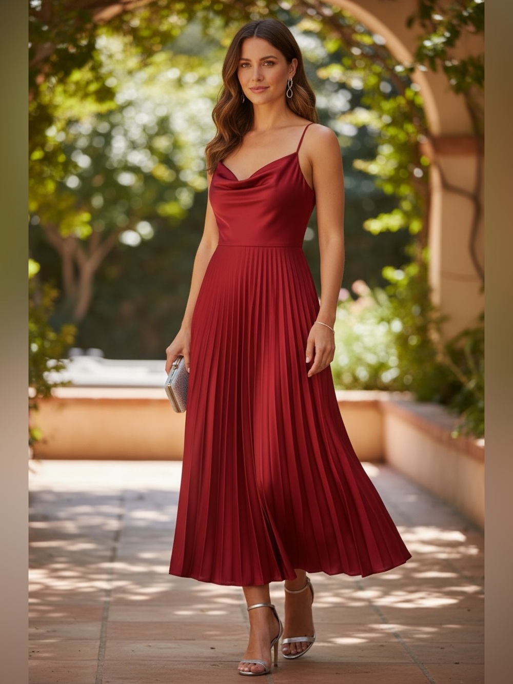 Laundry by Shelli Segal Elegant Red Cowl Neck Pleated Midi Dress Sz 4